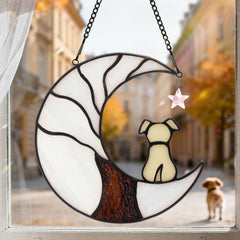 Ayadon dog memorial suncatcher hanging in window, gentle tribute fostering comforting memory