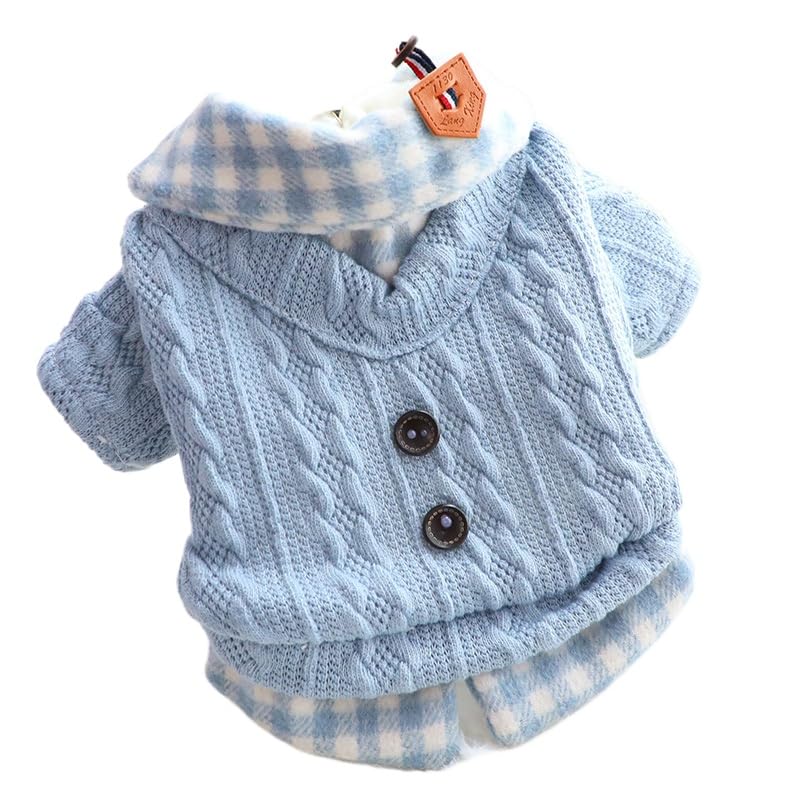 AZA Dog Princess Sweater blue-plaid fabric texture offers cozy warmth for small dogs.