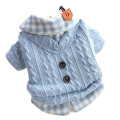 AZA Dog Princess Sweater blue-plaid fabric texture offers cozy warmth for small dogs.