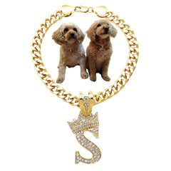 BA UNIQUE FASHION Initial Letter Cuban Chain pendant closeup showcases gold color plating for pets.
