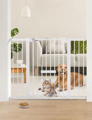 BABELIO 36-Inch Extra Tall Baby Gate framed in white steel provides secure doorway for toddlers and pets.