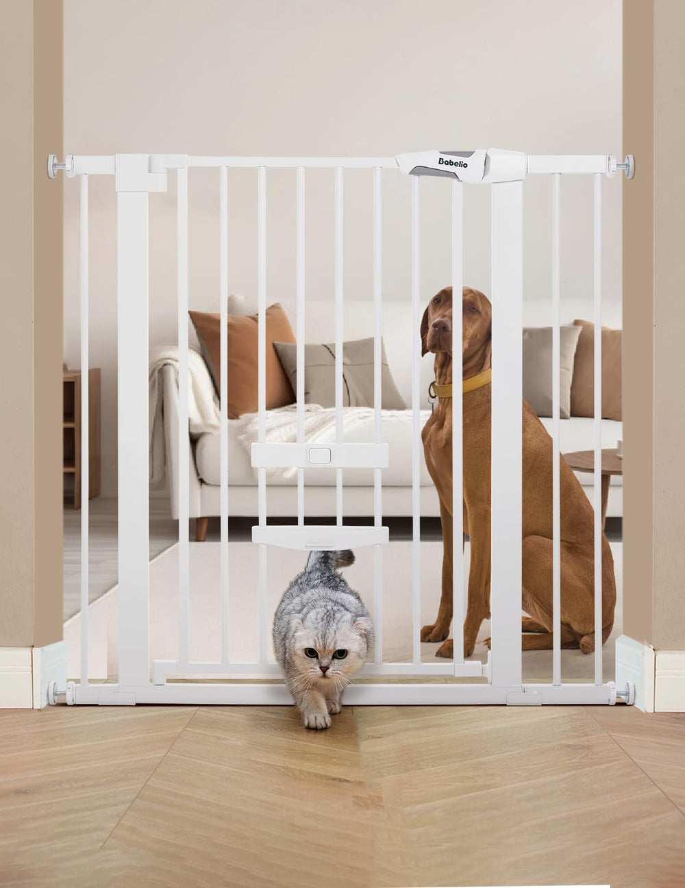 BABELIO 36-inch extra tall gate in white steel for wide openings.