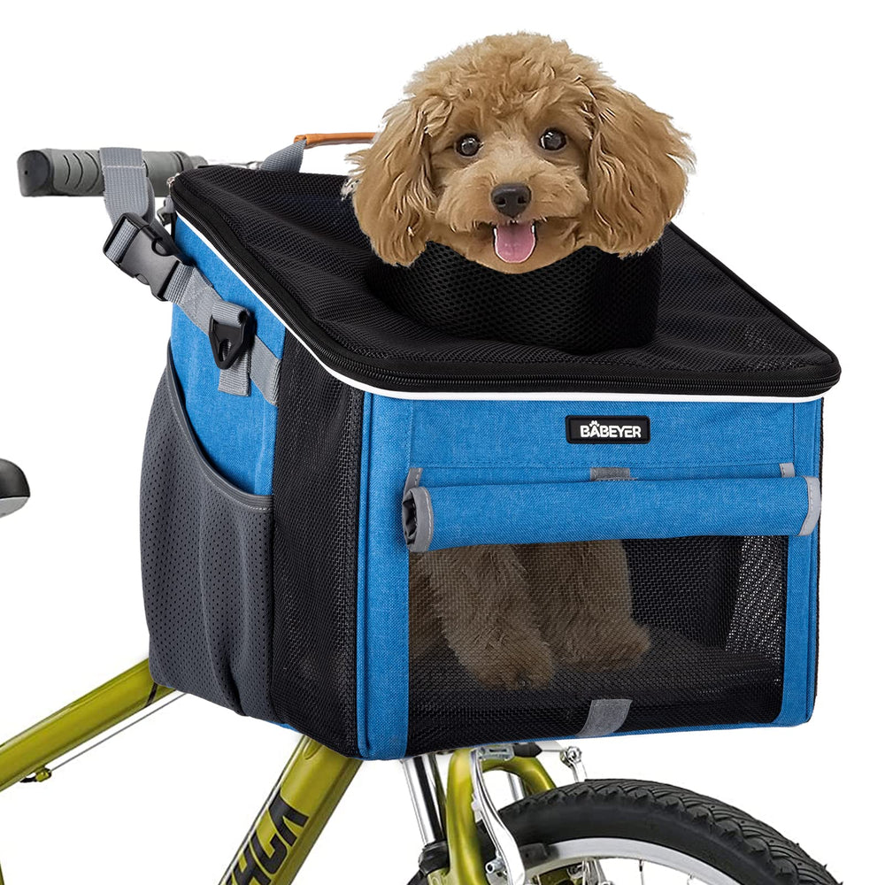 BABEYER dog bike basket blue front view with quick-install buckle for rides.