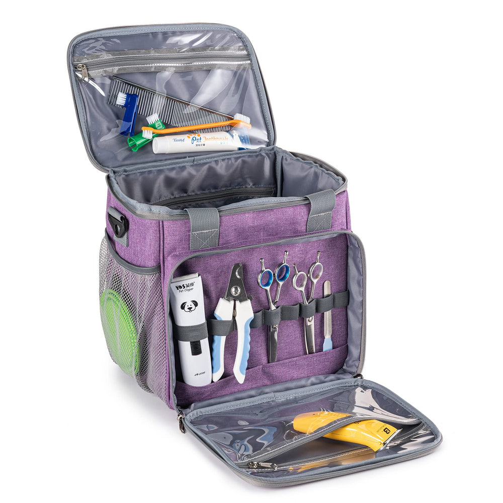 BABEYER Pet Grooming Tote organizer in purple front view for quick tool access