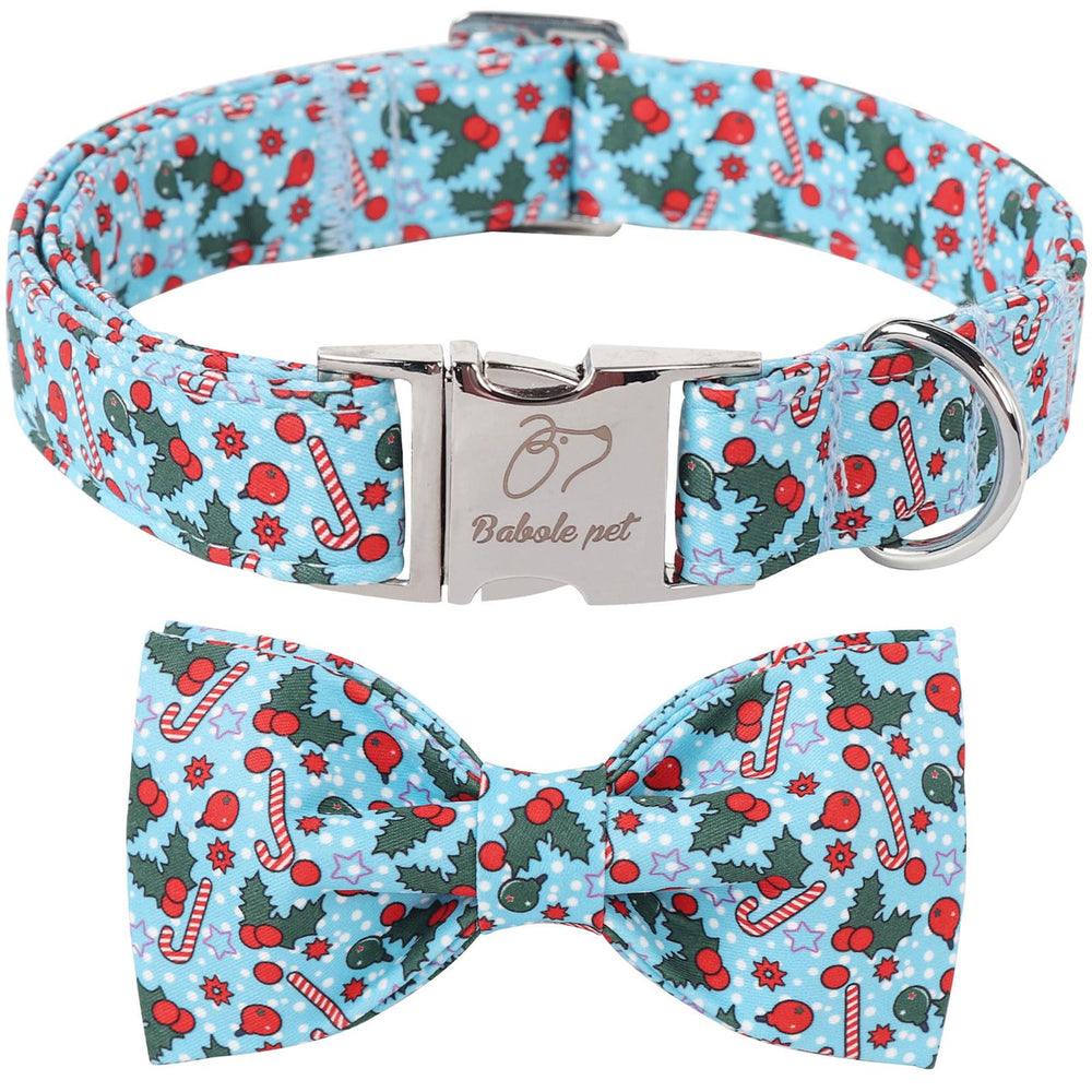 Babole Pet Christmas dog collar with bow tie blue pattern close-up for festive photos