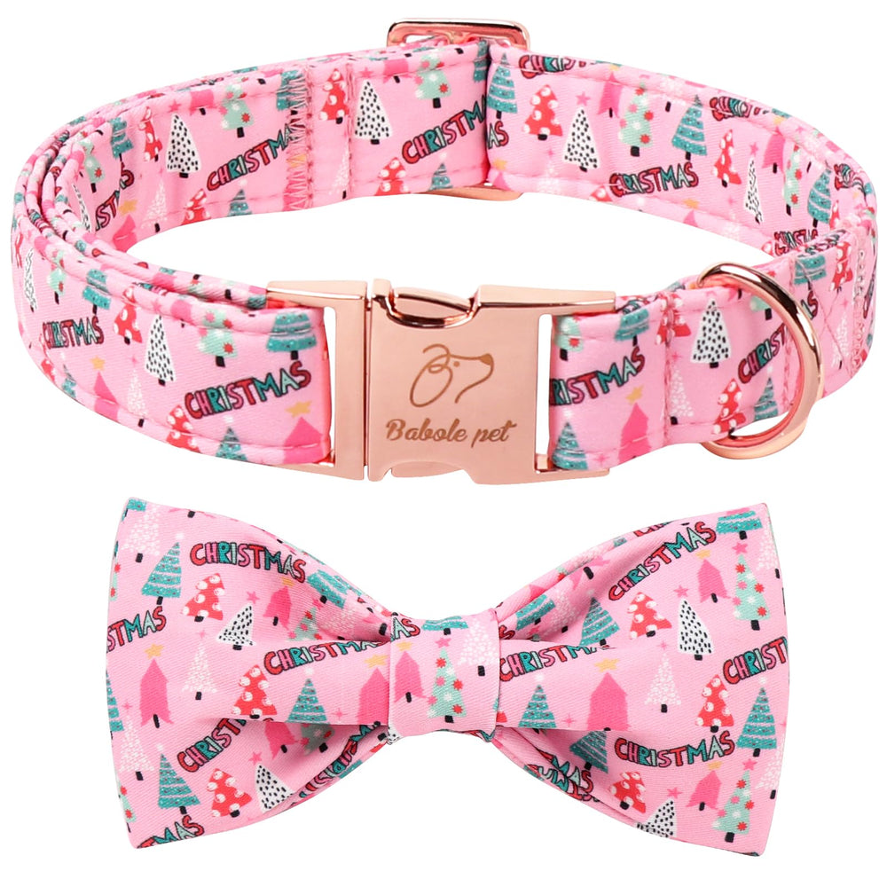 Babole Pet Christmas collar with bow tie in pink tree pattern for festive outings.