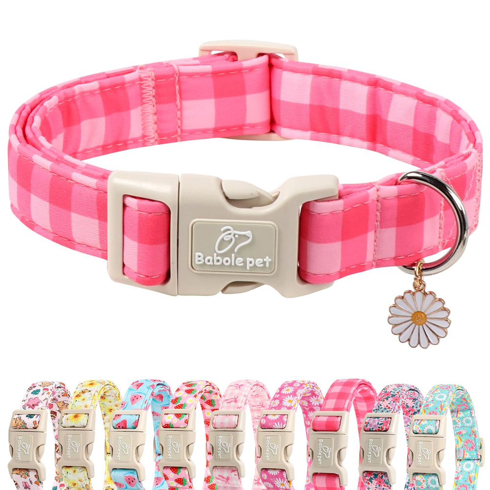 Babole Pet girl dog collar pink plaid closeup highlighting soft fabric for everyday comfort