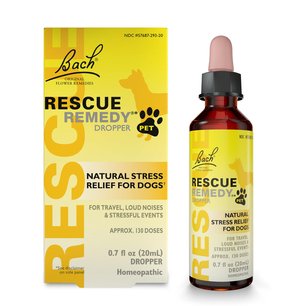 Bach Rescue Remedy Pet Dropper bottle for daily stress support in dogs.