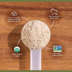 Badlands Ranch organic mushroom complex scoop highlighting skin and coat nourishment.