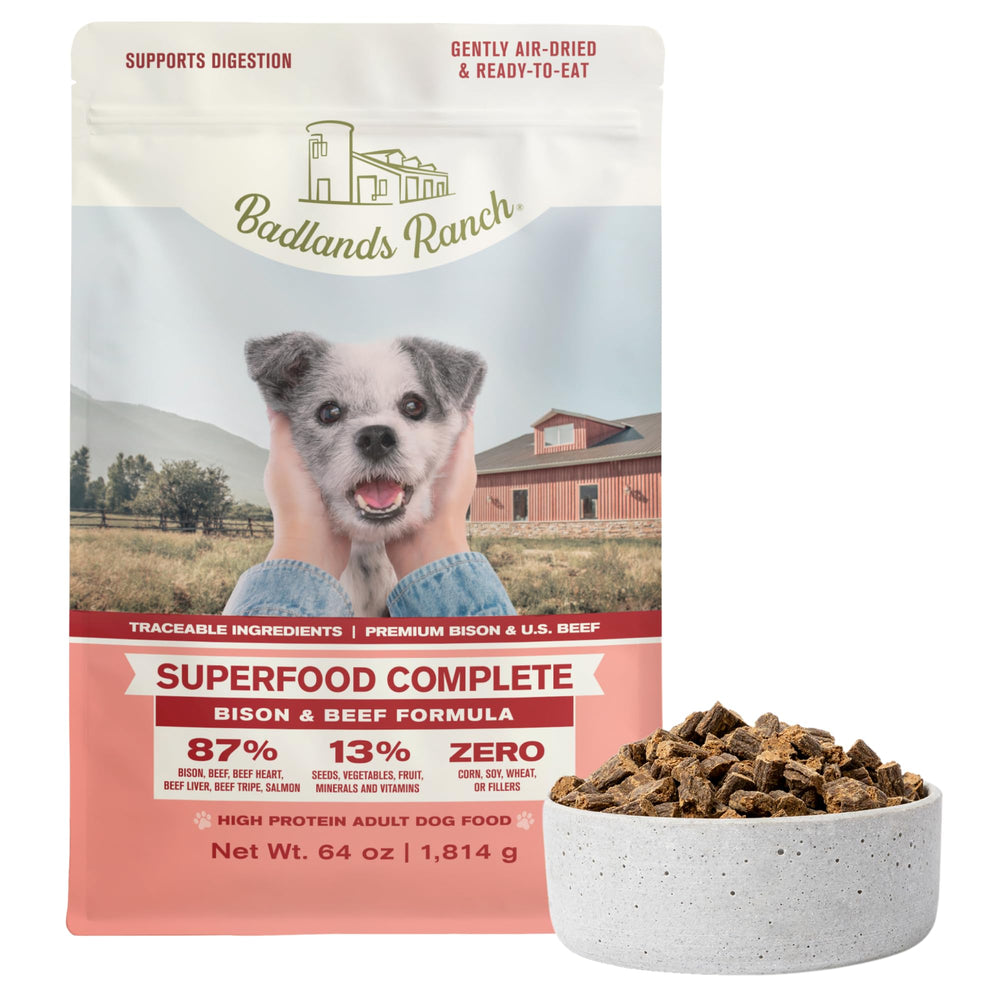 BADLANDS RANCH Superfood Complete dog food bag featuring beef and bison for protein-packed meals.