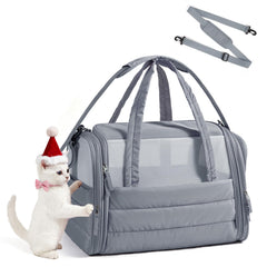 BAGSMART Cat Carrier shows quilted grey exterior for stylish travel comfort.