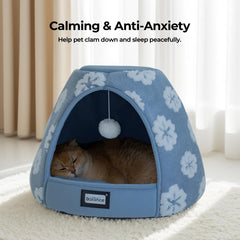 BALANCE Cat Bed blue hanging toy at entrance invites gentle play.