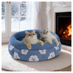 BALANCE cat bed blue front view highlights cozy donut design for restful sleep