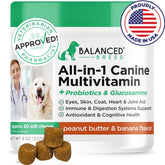 Balanced Breed all-in-1 dog vitamins bottle supports daily wellness in a chewable, vet-pharmacist approved blend.