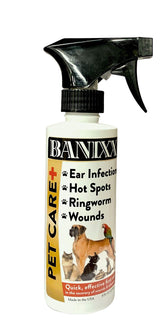 Banixx Pet Care Spray on a wound delivers safe cleansing and cooling relief.