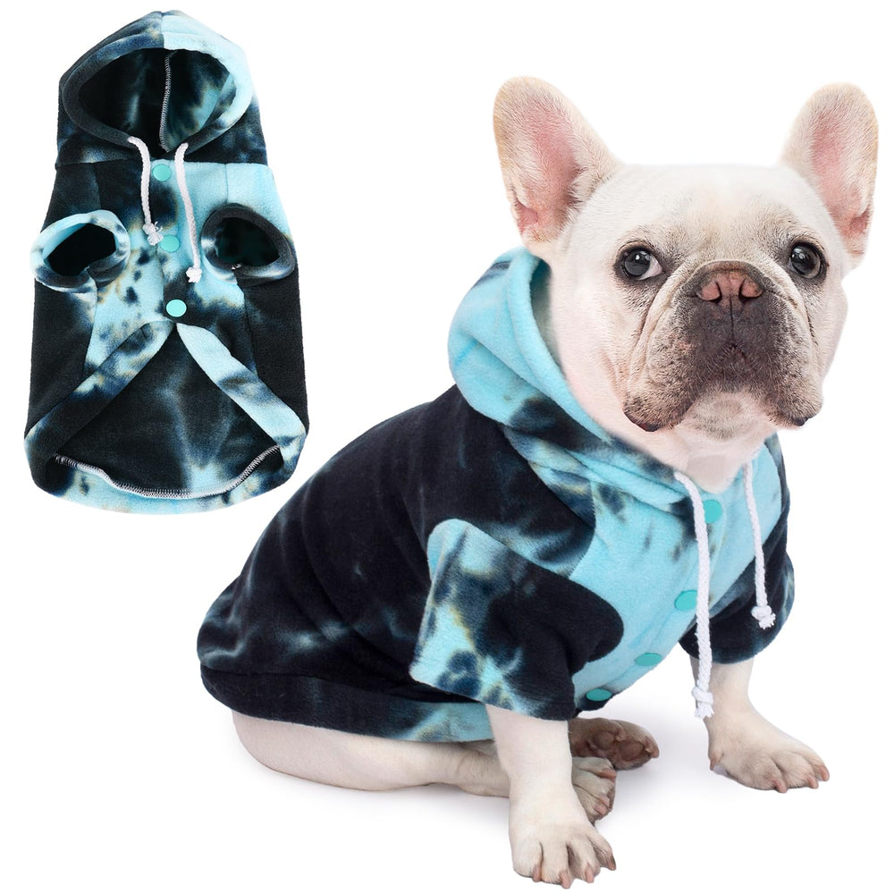 Baobicute sudadera para perro Tie Dye azul frente, suave y cómodo para paseos.