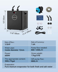 BAOSHISHAN aquarium chiller side profile highlights slim footprint and quiet operation.