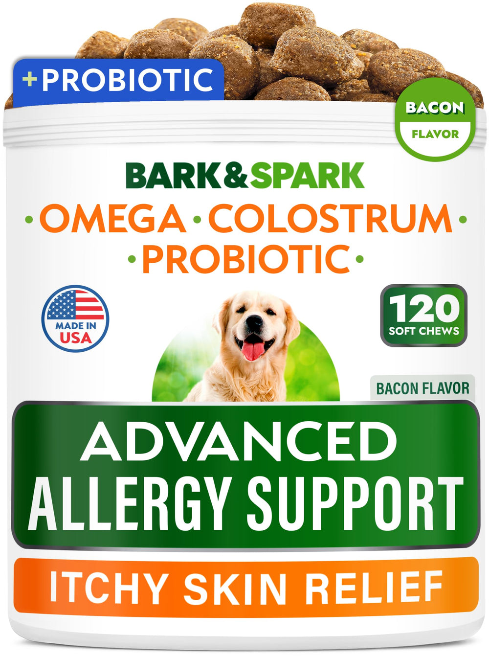 BARK&SPARK Advanced dog allergy chews bottle shows a 120-count jar for convenient daily use.