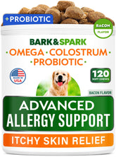 BARK&SPARK Advanced dog allergy chews bottle shows a 120-count jar for convenient daily use.