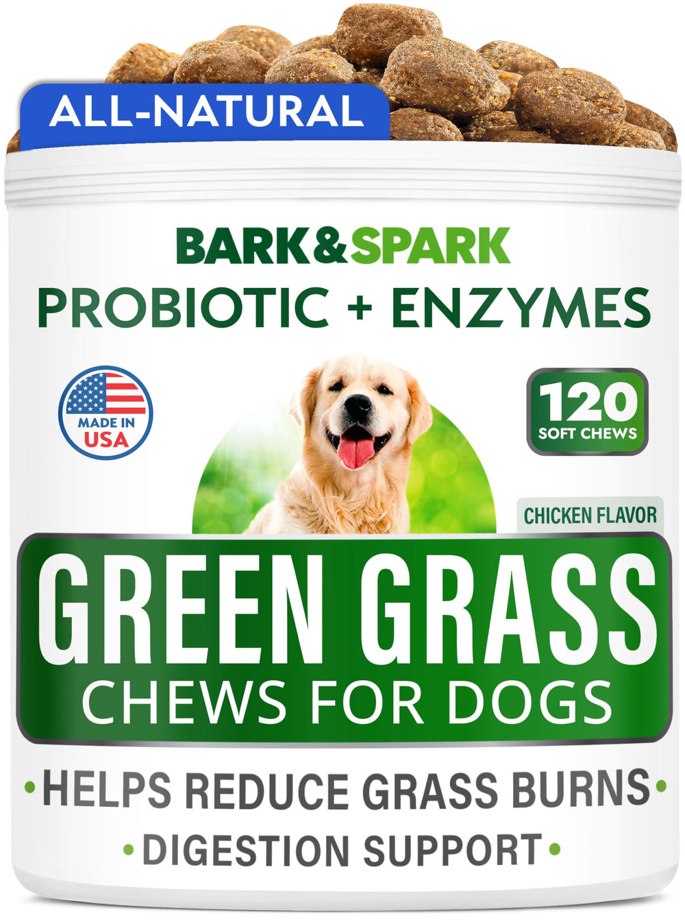 BARK&SPARK grass burn spot chews on packaging for lawn protection.