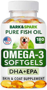 BARK&SPARK Omega-3 dogs softgels in bottle—easy daily supplement for skin & coat support.