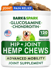 BARK&SPARK packaging box shows hemp hip and joint chews for mobility support.