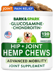 BARK&SPARK packaging box shows hemp hip and joint chews for mobility support.