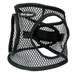 Bark Appeal black netted step-in harness front view for secure small–medium dog fit