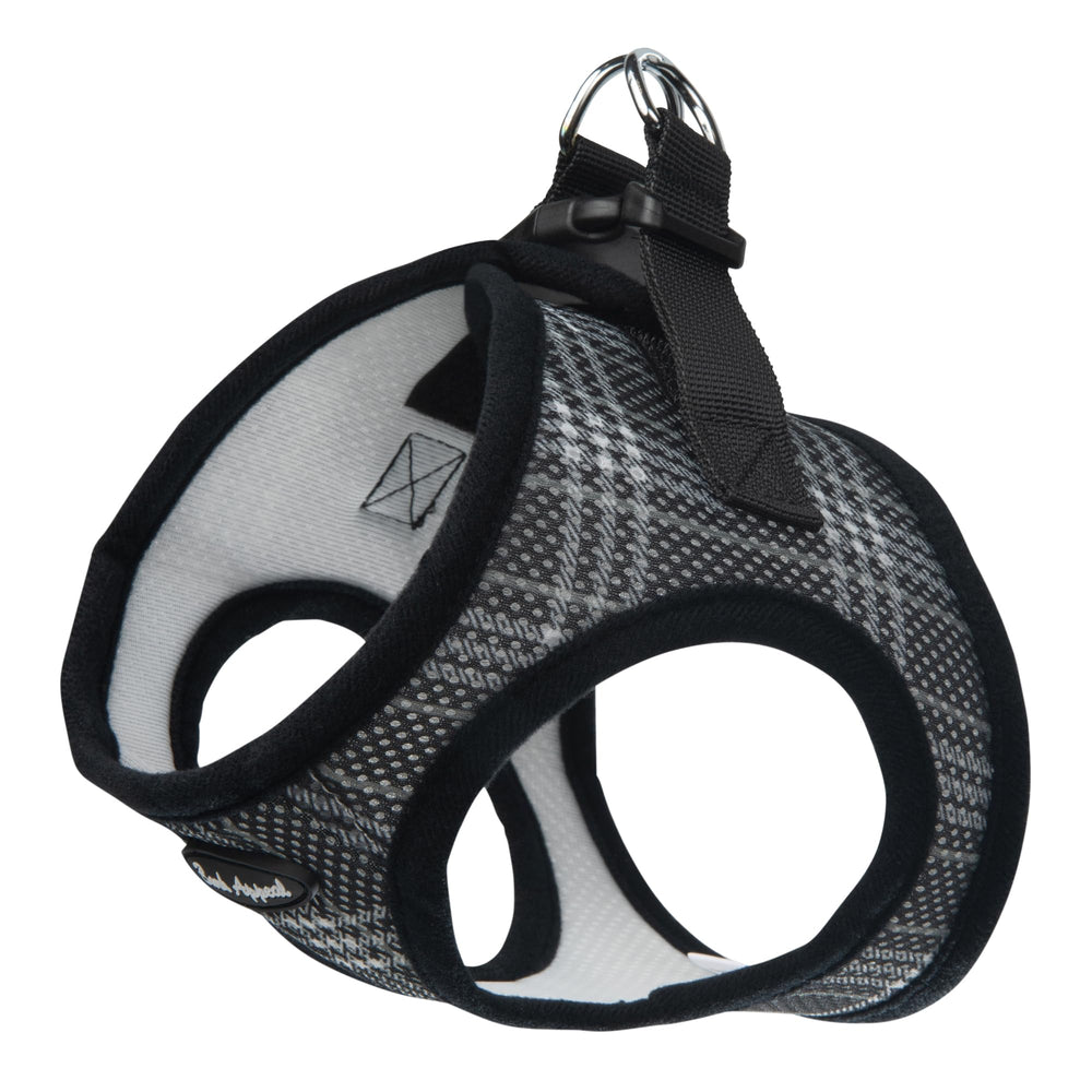 Bark Appeal black plaid step-in harness front view for small to medium dogs with a comfortable fit