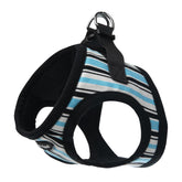 Bark Appeal blue stripe step-in harness front view showcases secure fit and soft mesh comfort.