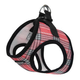 Bark Appeal coral red plaid harness side view emphasizes secure fit for small-medium dogs.