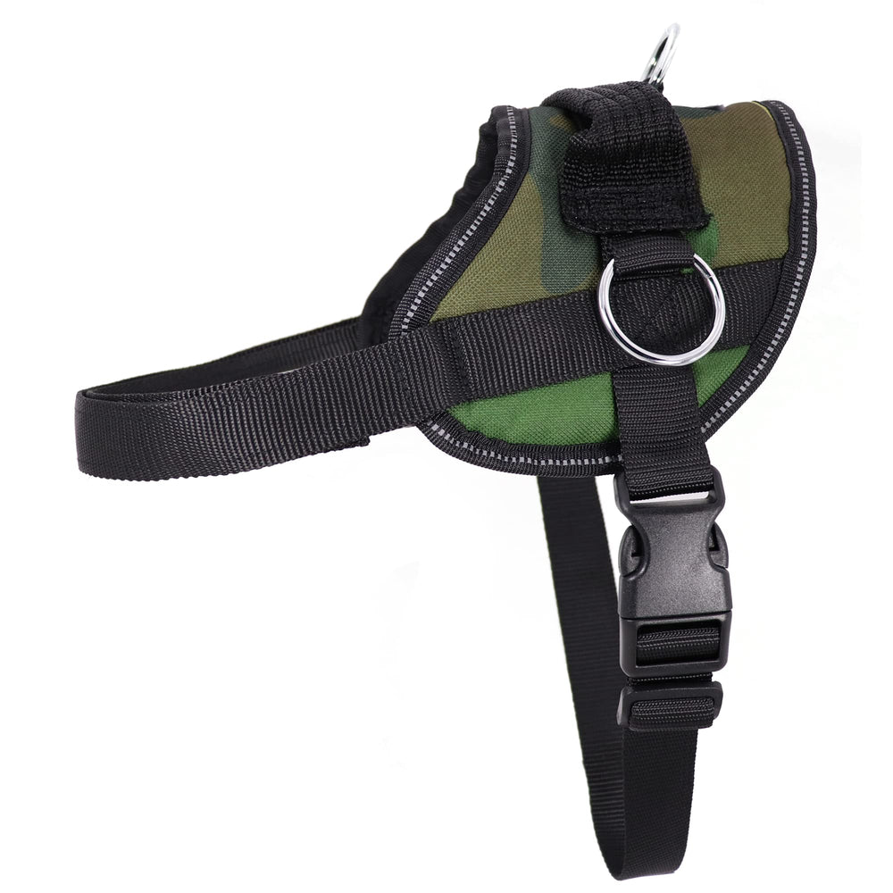 Bark Appeal green camo no-pull harness front view improves daily walk control