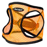 Bark Appeal orange-netted-harness on dog close-up, breathable mesh for comfort.