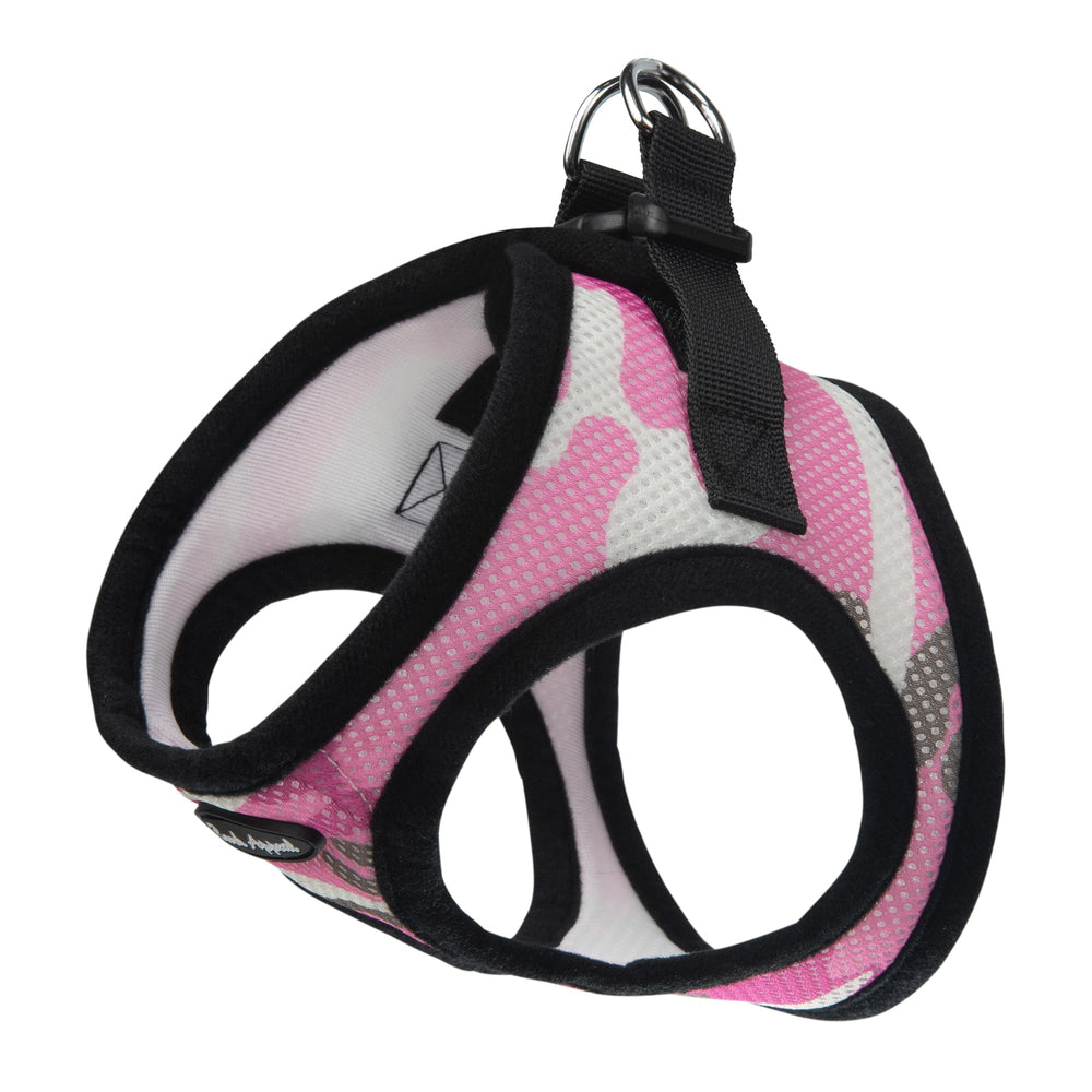 Bark Appeal pink camo step-in harness front view for secure fit.