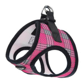Bark Appeal Raspberry Plaid Step-in Harness XXS buckle close-up for secure daily walks.