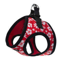 Bark Appeal red hibiscus step-in harness showing secure fit with adjustable strap