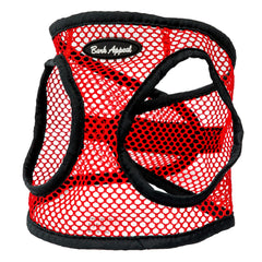 Bark Appeal red netted step-in harness on dog for secure daily walks.