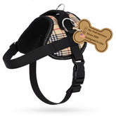 Bark Appeal tan plaid no-pull harness shows adjustable fit for small dogs during daily walks