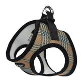 Bark Appeal Tan Plaid Step-in Harness front view demonstrates secure fit for small to medium dogs.