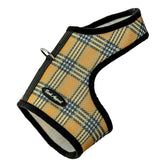 Bark Appeal Tan Plaid Wrap N Go harness front view shows easy-on, comfortable fit.