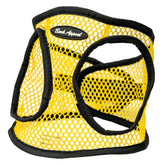 Bark Appeal yellow netted step-in harness front view showing secure fit for small dogs