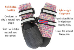 Bark Brite lavender paw booties side view highlighting breathable neoprene.