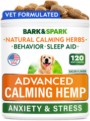BARK&SPARK Advanced Calming Chews bottle shows calming support for anxious dogs during events.