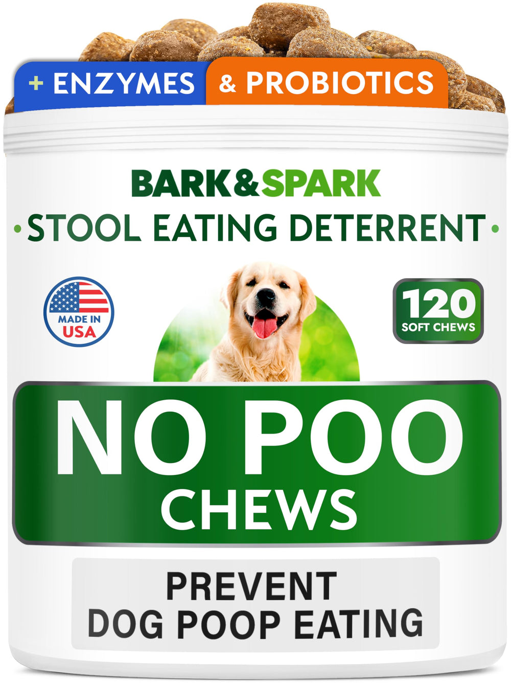 BARK&SPARK NO POO Treats jar close-up shows bacon-flavored chews for digestive support