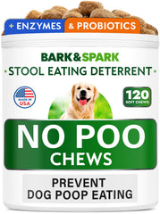 BARK&SPARK NO POO Treats jar close-up shows bacon-flavored chews for digestive support