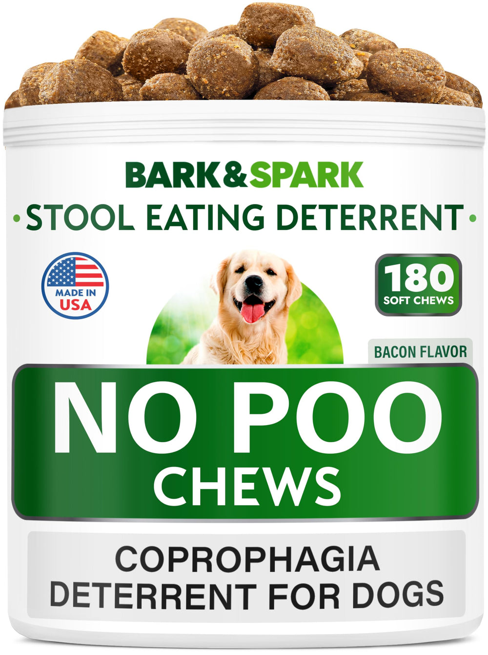 BARK&SPARK NO Poo Treats packaging showcases the product for easy digestion and odor control.