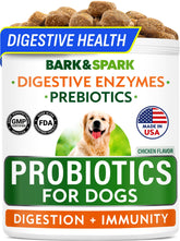 BARK&SPARK Probiotics for Dogs chews packaging shows gut health support in a tasty treat.
