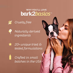 Bark2Basics Brighten White bottle displays 16:1 dilution for flexible grooming.