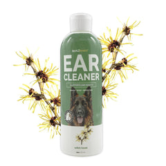 Bark2Basics dog ear cleaner bottle for gentle cleansing and debris removal in clean ears.