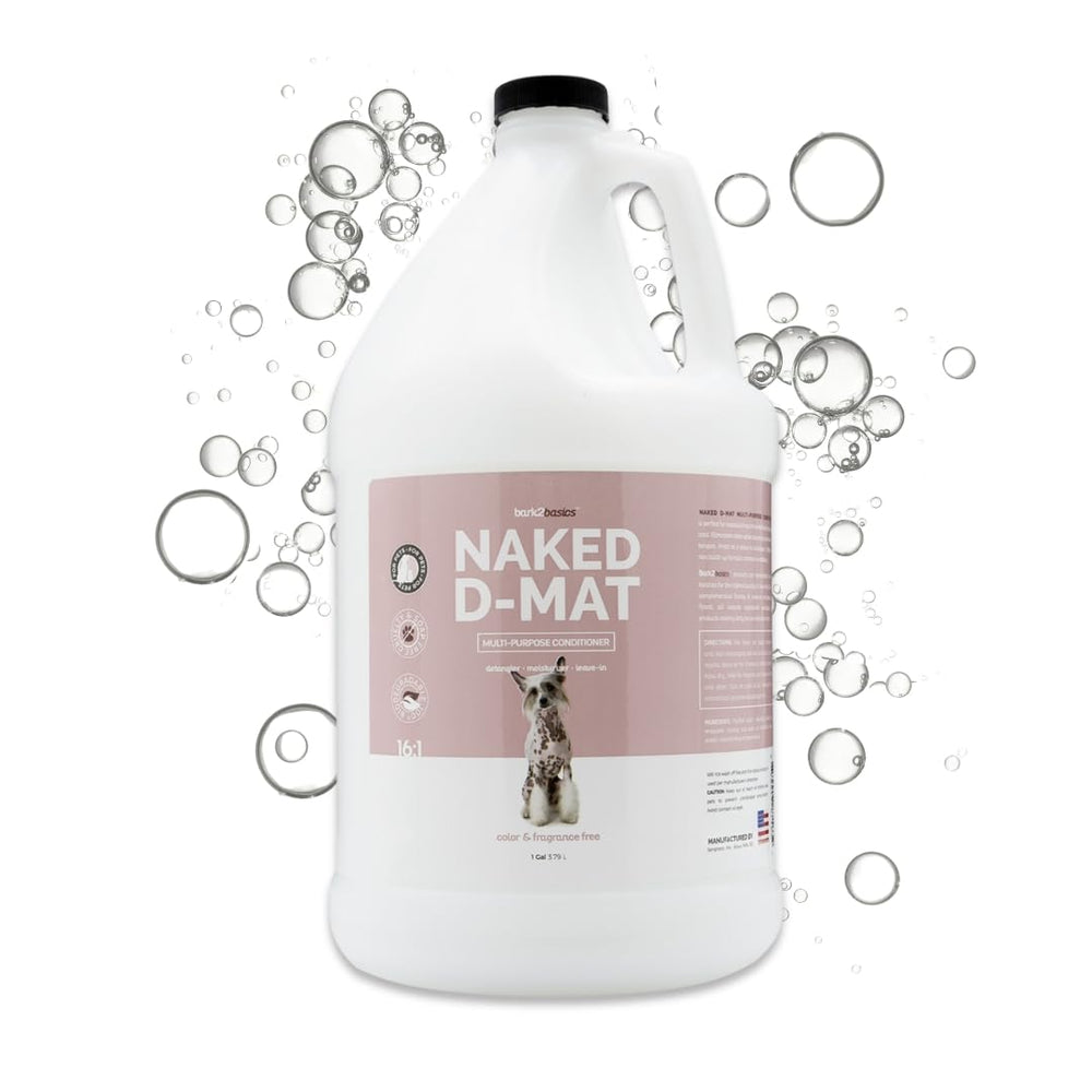 Bark2Basics Naked D-Mat conditioner bottle highlights gentle detangling for dogs.